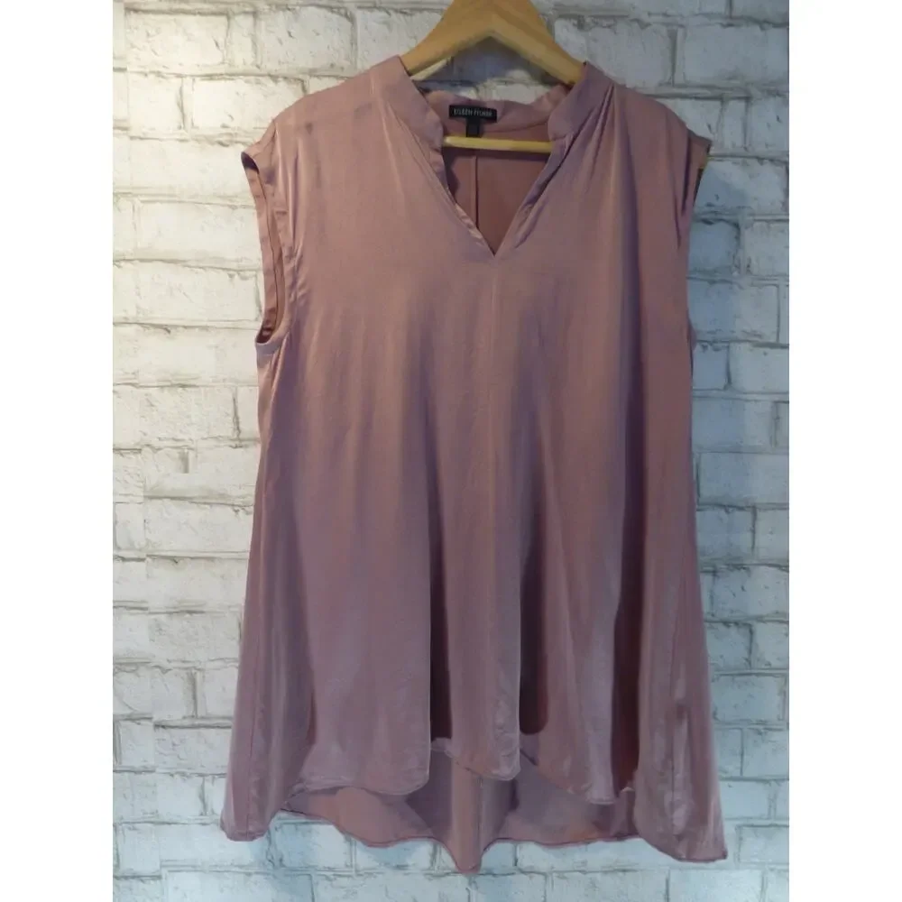 Eileen Fisher Rose Quartz Stretch Silk Charmeuse Mandarin Collar Top Small - Picture 2 of 7